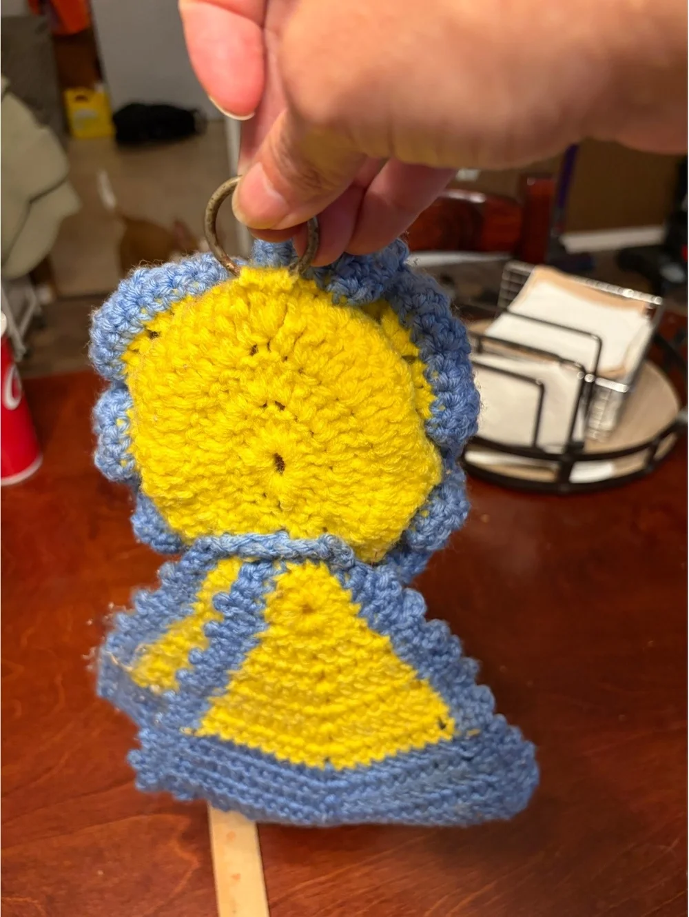 Handcrafted Blue and Yellow Crochet Kitchen Towel with Pom-Pom